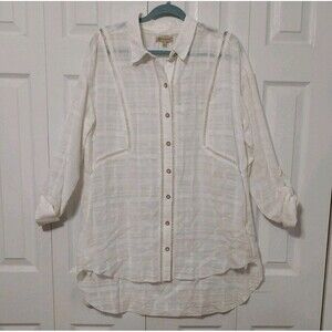 Democracy Off White Sheer Tunic Shirt Rolled Sleeves Button Up Pockets Layers L
